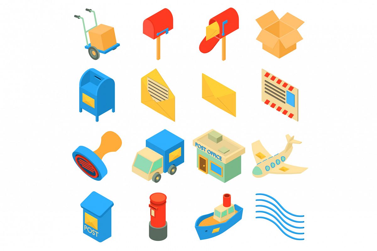 Poste service icons set, isometric style example image 1