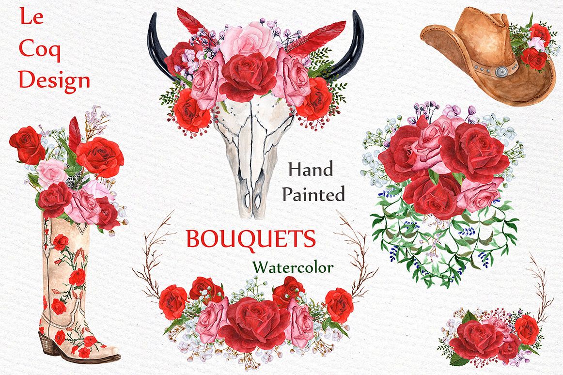 Watercolor Red Roses bouquets example image 1