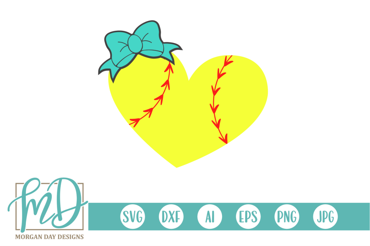 Softball Heart with Bow SVG, DXF, AI, EPS, PNG, JPEG example image 1