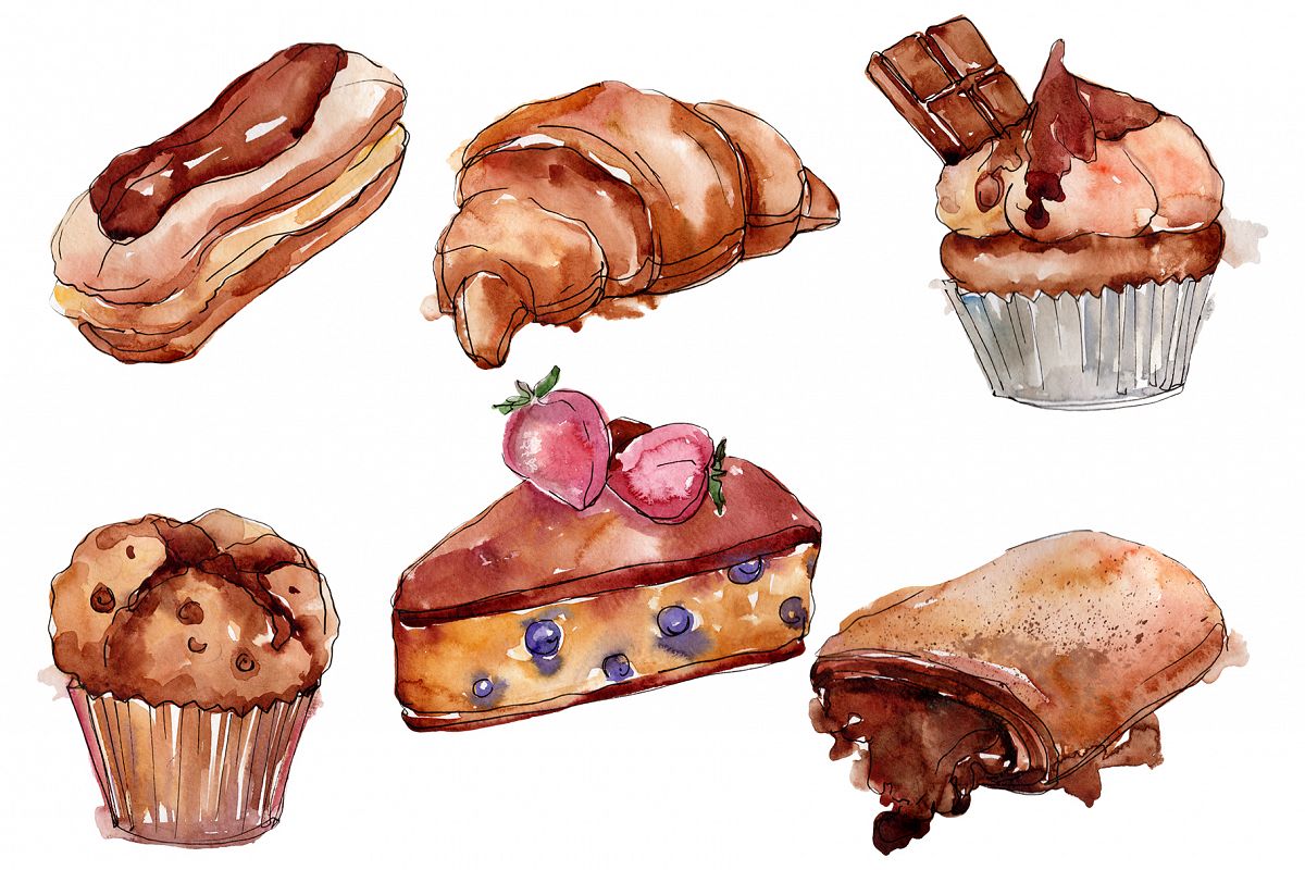 Dessert Cake with Chocolate and Croissant Watercolor png example image 1
