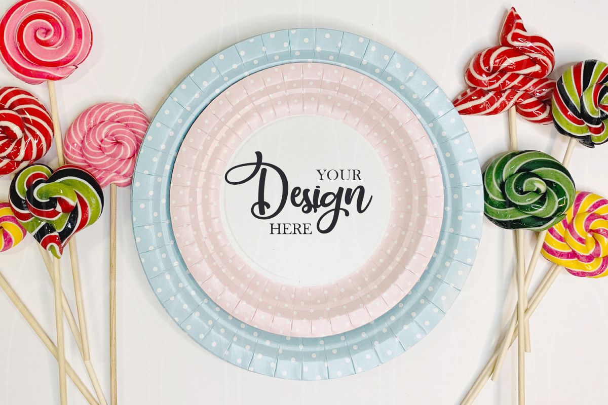 Blue and pink plates mock up Candies flatlay Styled Stock example image 1