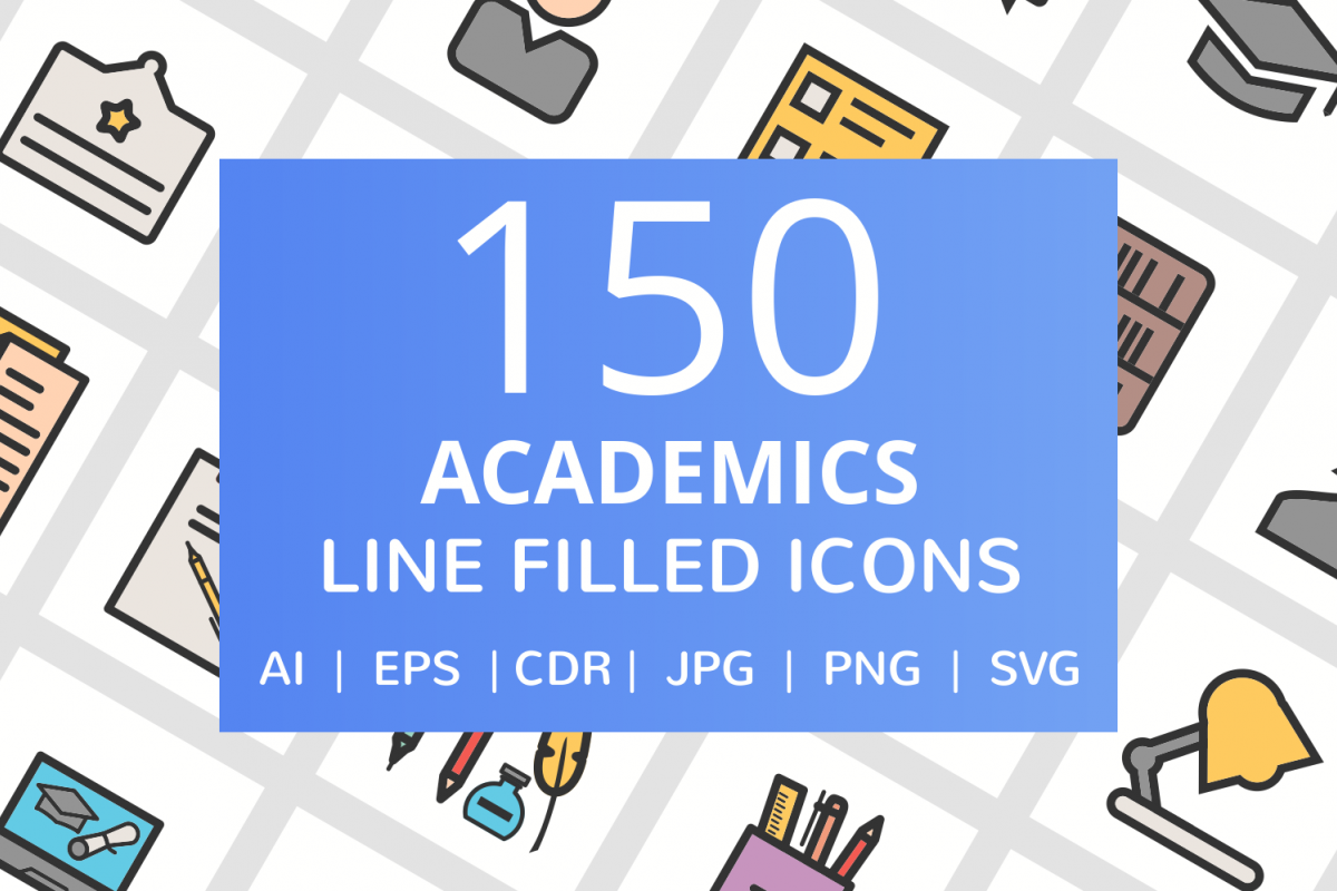 150 Academics Filled Line Icons example image 1