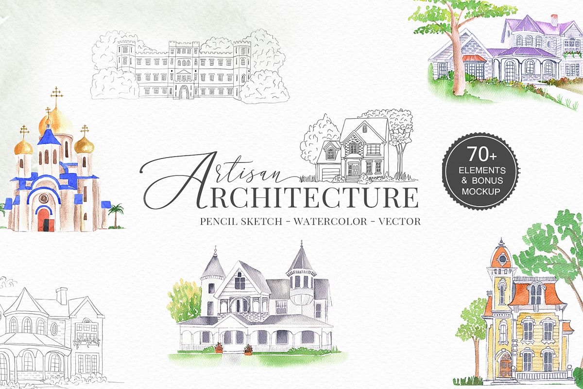 Venues Houses Watercolor , Sketch , Vector Graphics example image 1