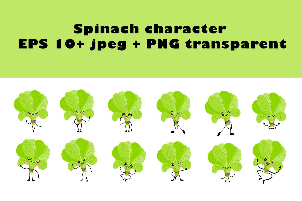 Spinach character EPS 10 jpeg PNG transparent. Healthy food. example image 1