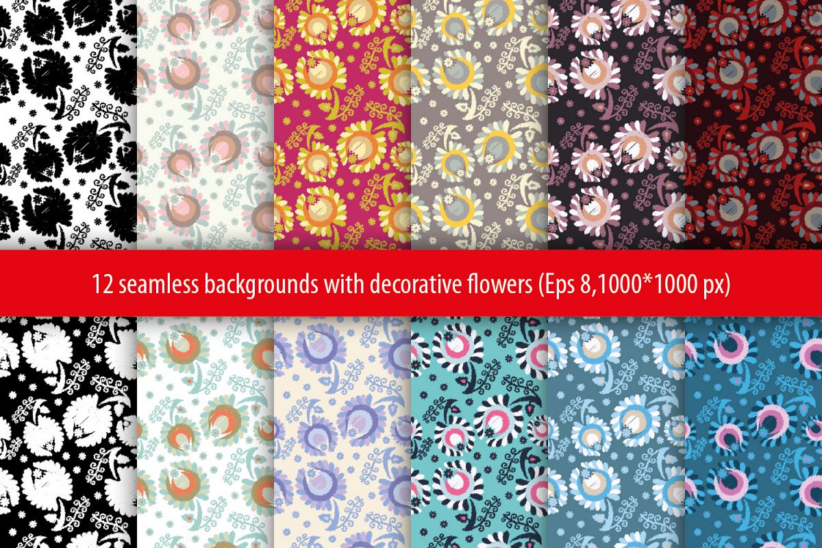 Set of 12 seamless pattern with decorative flowers. example image 1