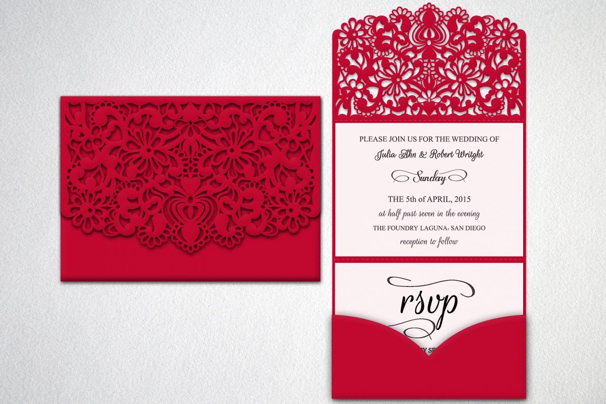 Tri Fold Lace pocket envelope Wedding Invitation laser cut (73745 ...