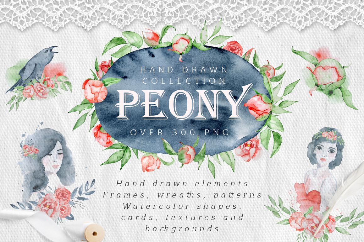 Watercolor peonies romantic floral clipart example image 1