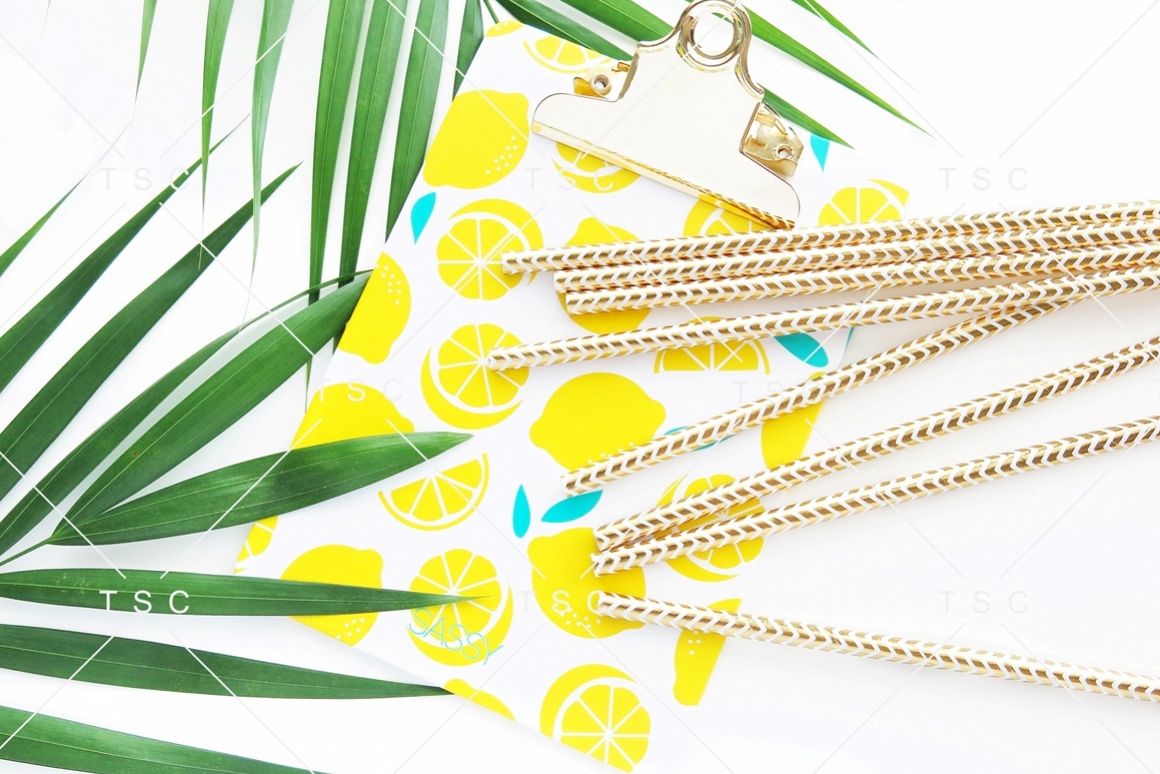 Lemon Paper Clipboard and Palm Leaves Stock Photo example image 1
