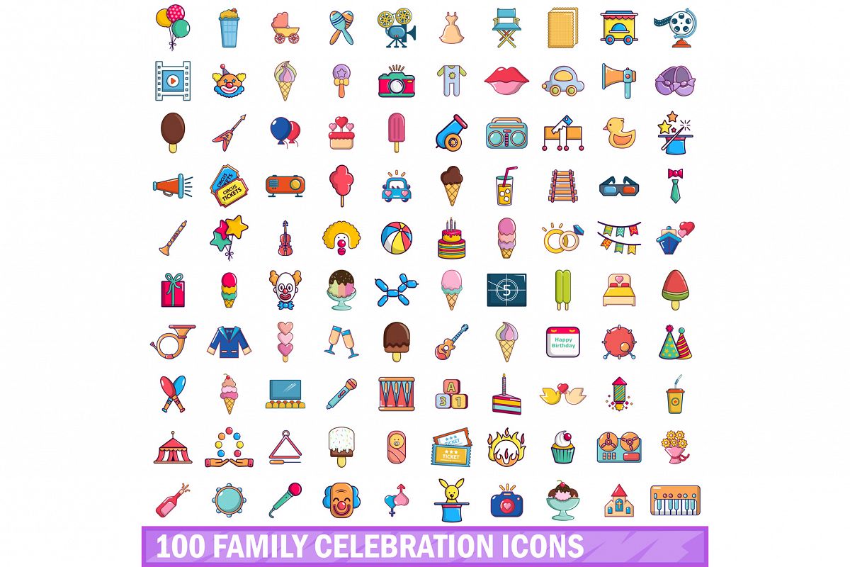 100 family celebration icons set, cartoon style example image 1