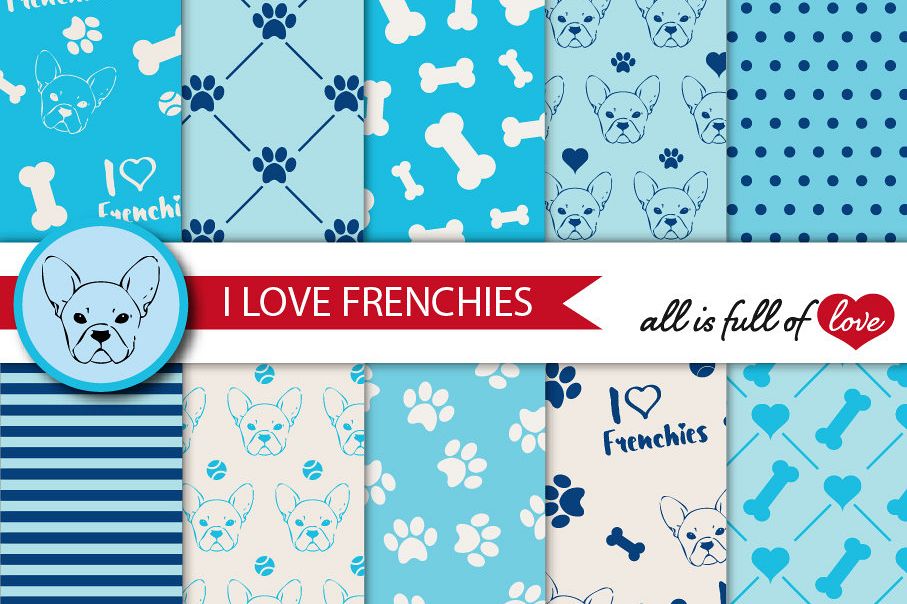 I Love Frenchies Digital Paper French Bulldog Background Patterns in Blue example image 1