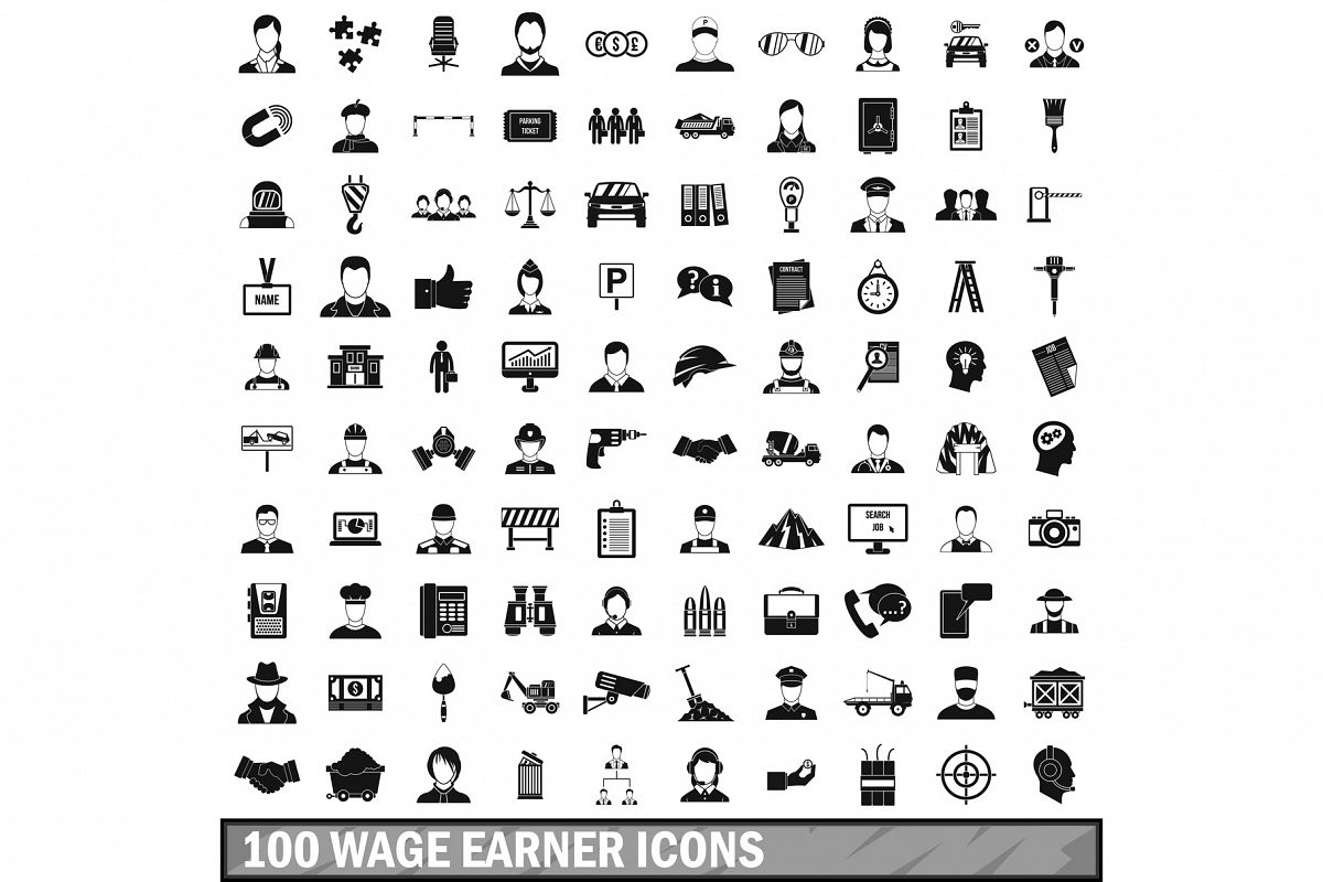 100 wage earner icons set, simple style example image 1
