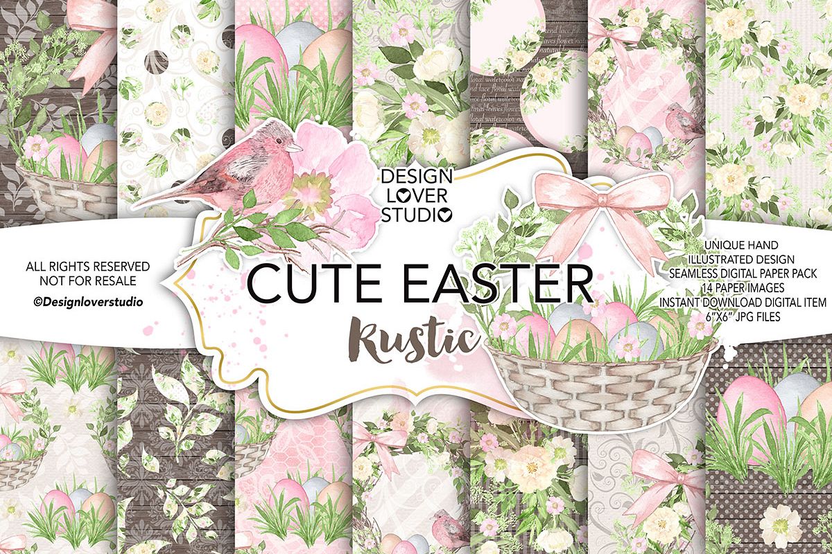 Watercolor Cute Easter Rustic digital paper pack example image 1
