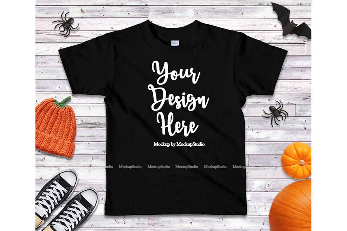 Download Halloween Kids Black Tshirt Mock Up, Children Flat Lay (146339) | Mock Ups | Design Bundles