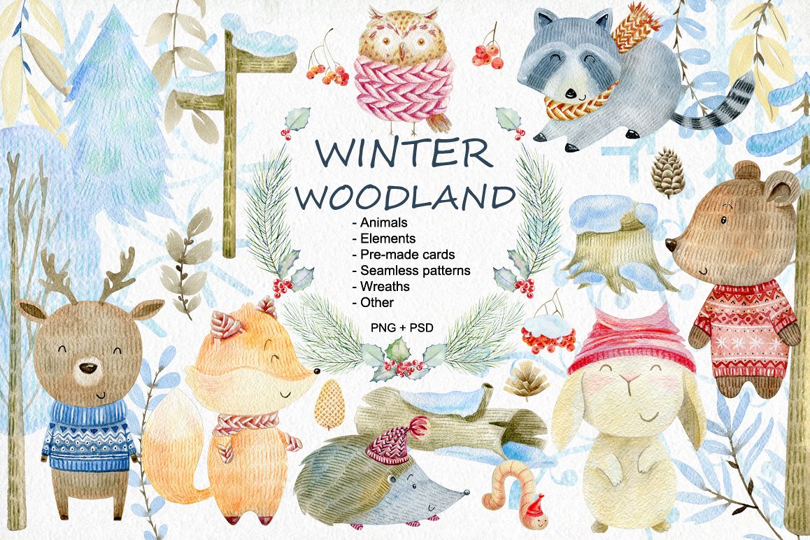 Winter Woodland. Watercolor set. example image 1
