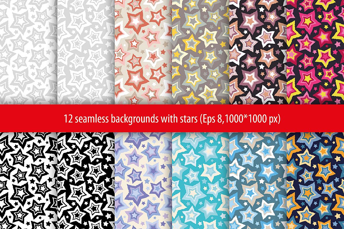 Set of 12 seamless vector backgrounds with decorative stars. example image 1