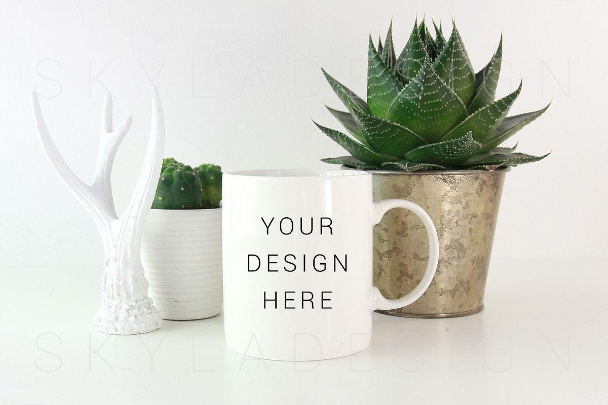 White Coffee Mug Mockup Image With Plants