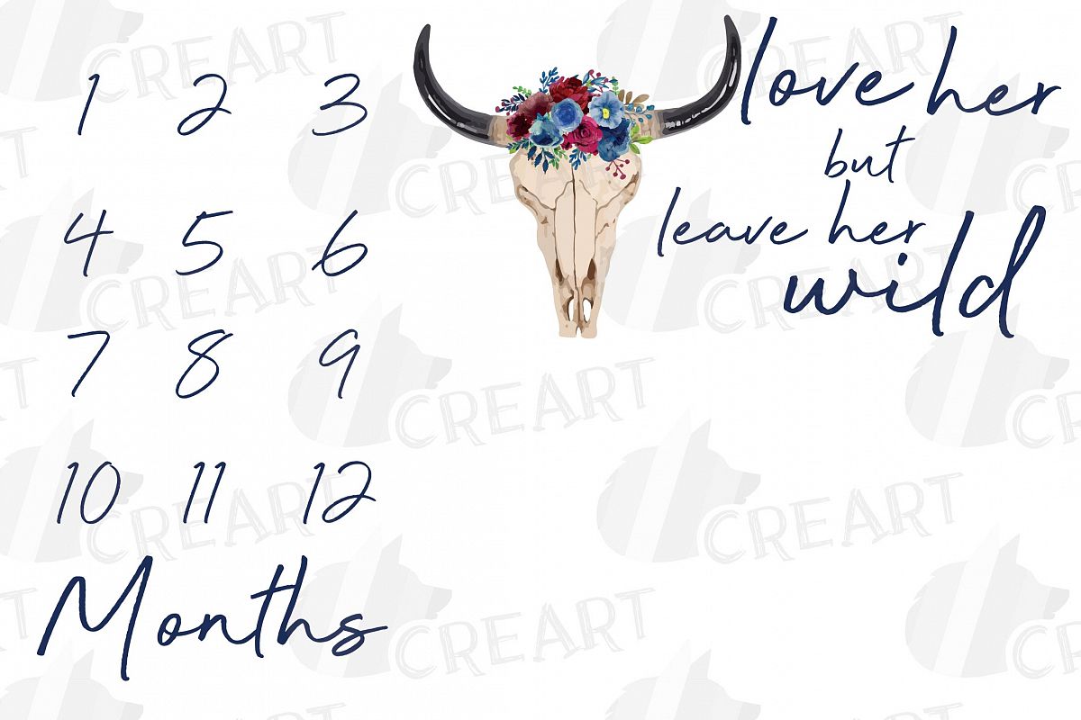 Milestone blanket with floral bull skull. Baby shower gift. example image 1