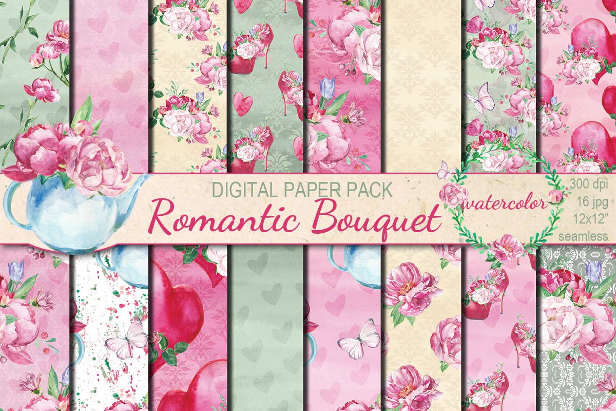Watercolor Romantic Bouquet seamless digital paper pack example image 1