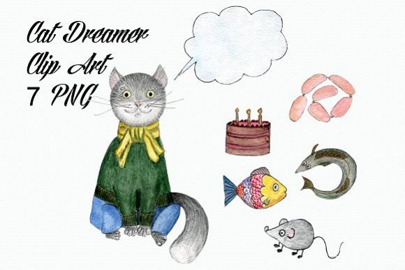 Watercolor Cat Dreamer Clip Art example image 1
