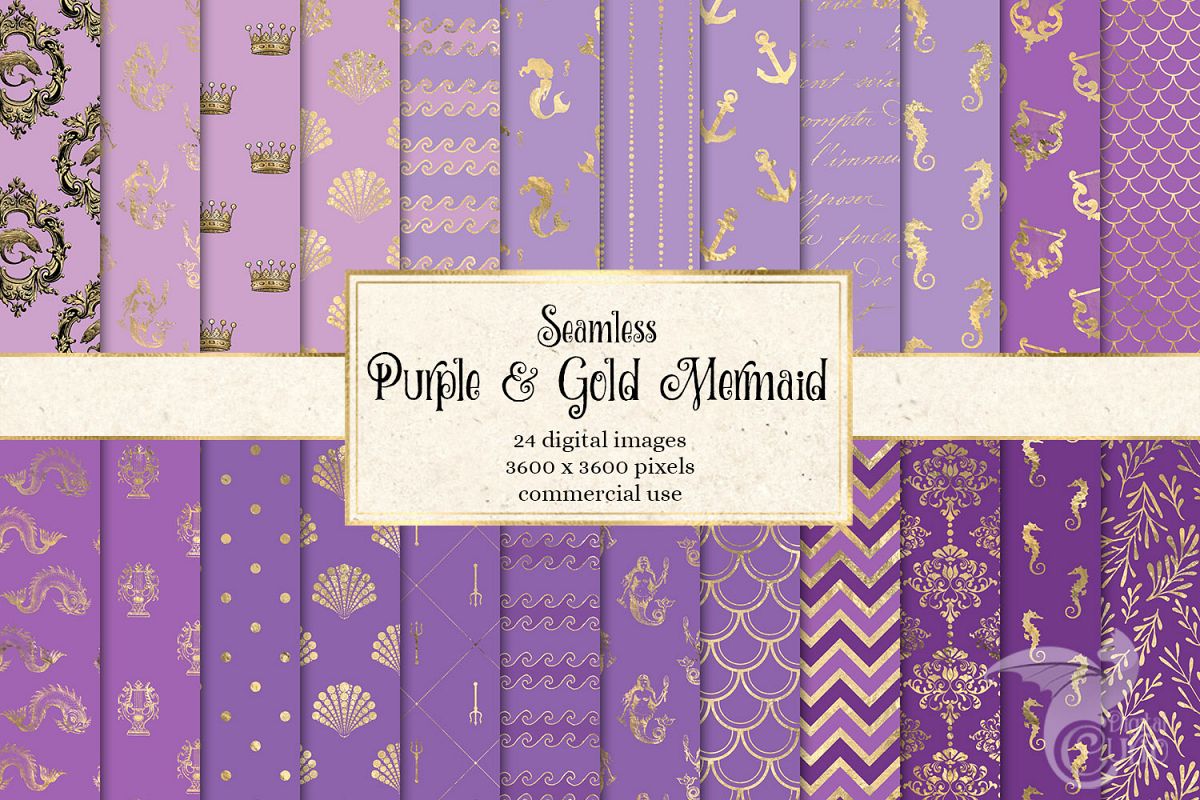 Purple and Gold Mermaid Digital Paper example image 1