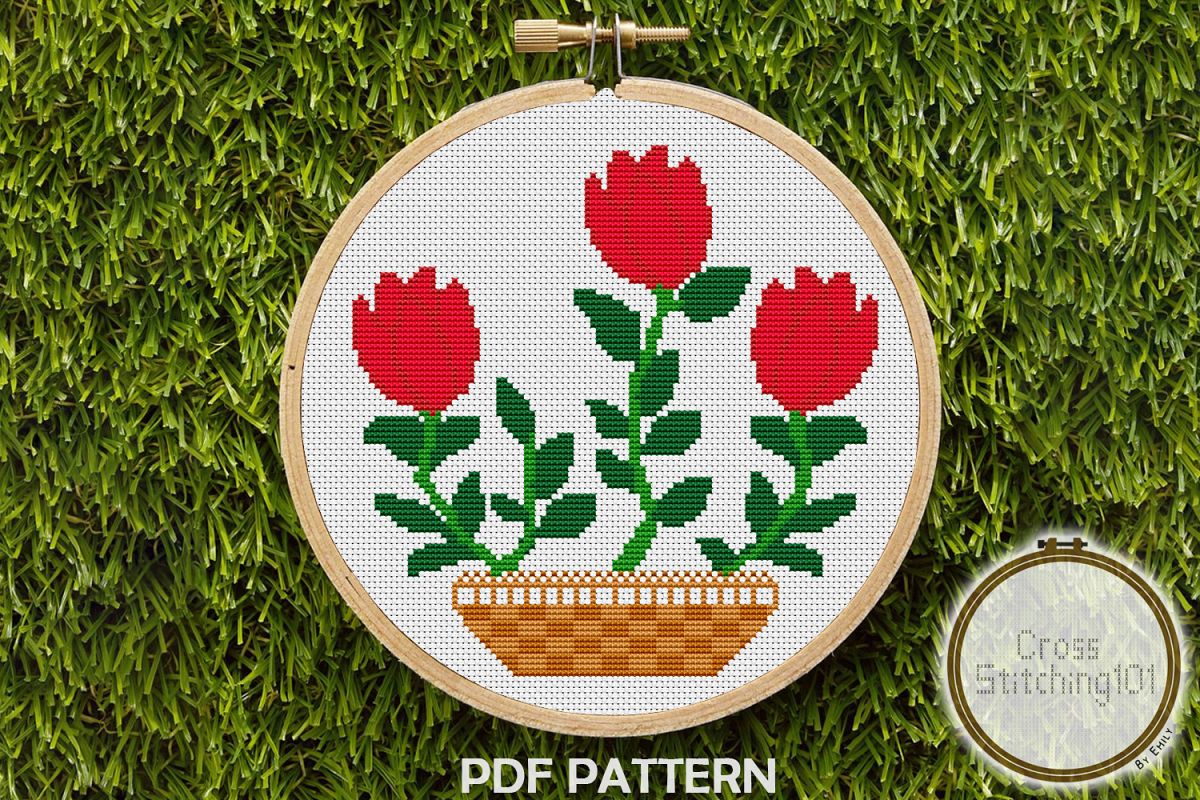 Rose Flower Pot Cross Stitch Pattern - Instant Download PDF example image 1