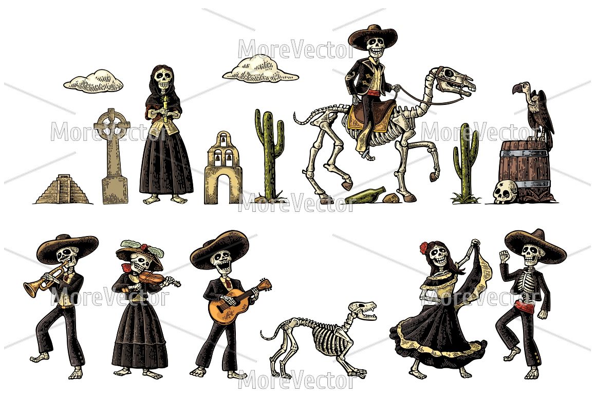 Day of the Dead. The skeleton in Mexican national costumes dance, play the guitar, violin, trumpet example image 1