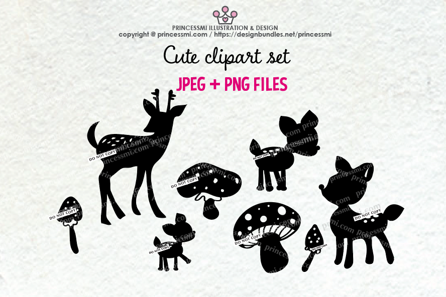 Deer and mushroom Silhouette clipart set example image 1