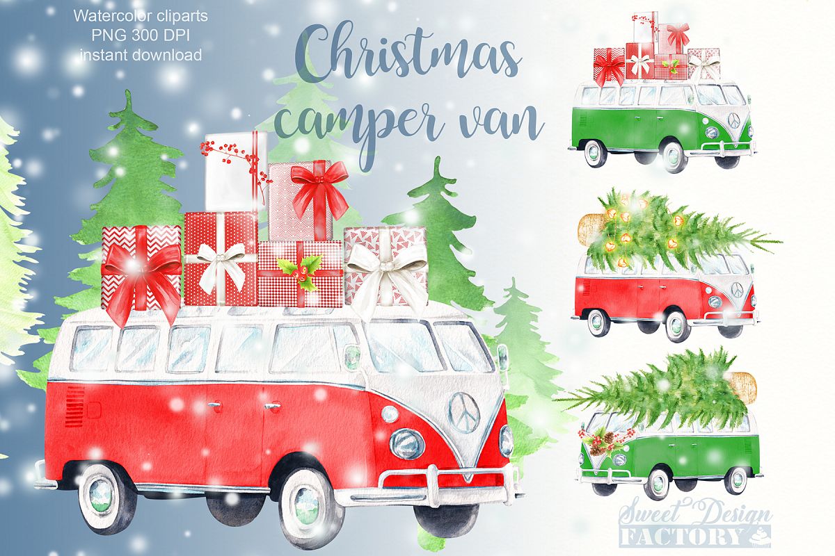 Watercolor Christmas retro van clipart example image 1