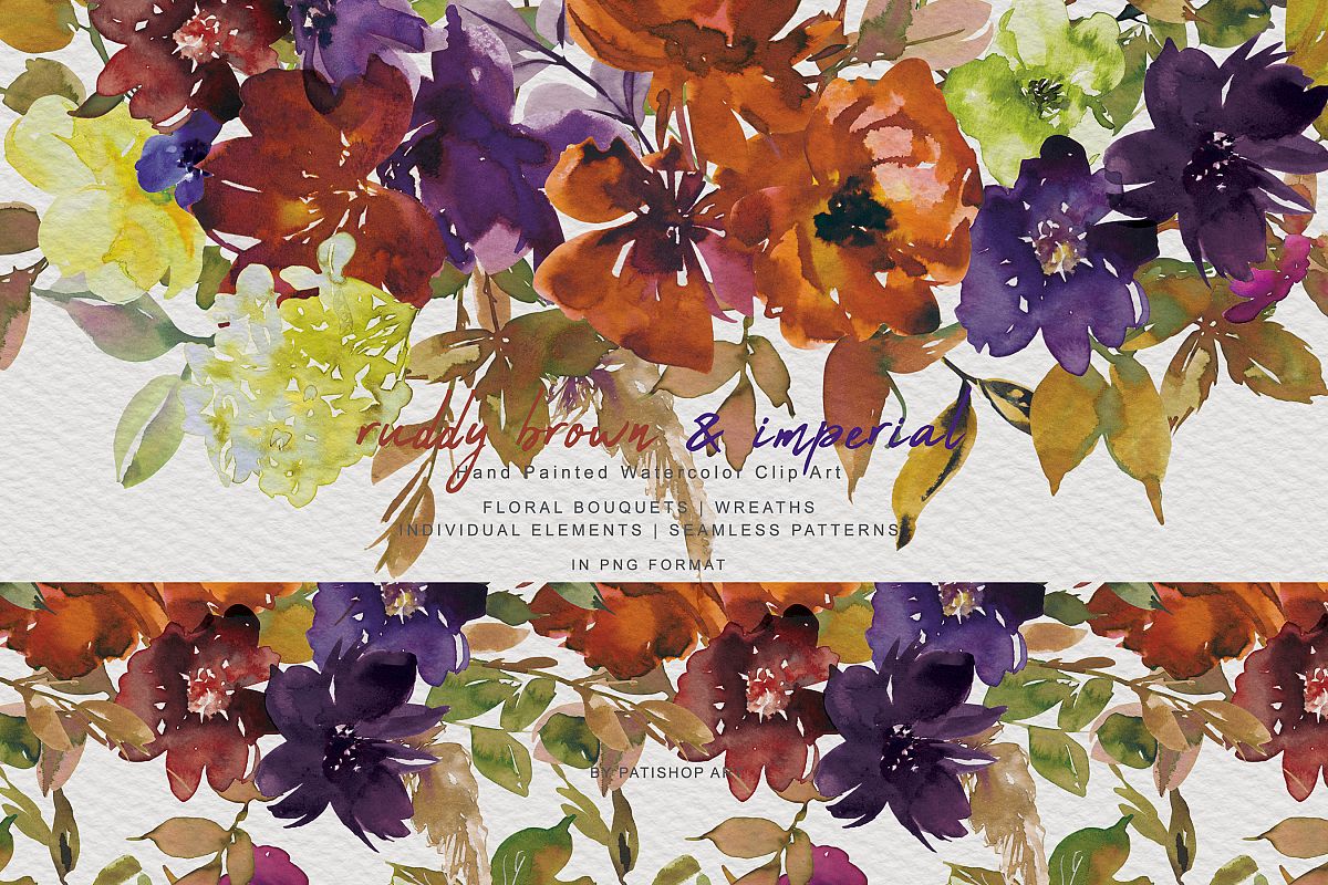 Watercolor Autumn Flowers Clipart & Patterns example image 1