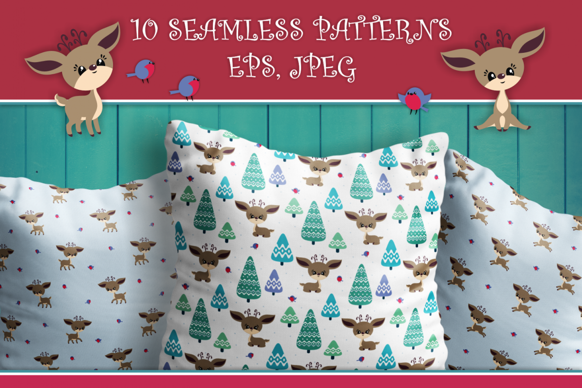 Cute Christmas Deer. Seamless patterns example image 1