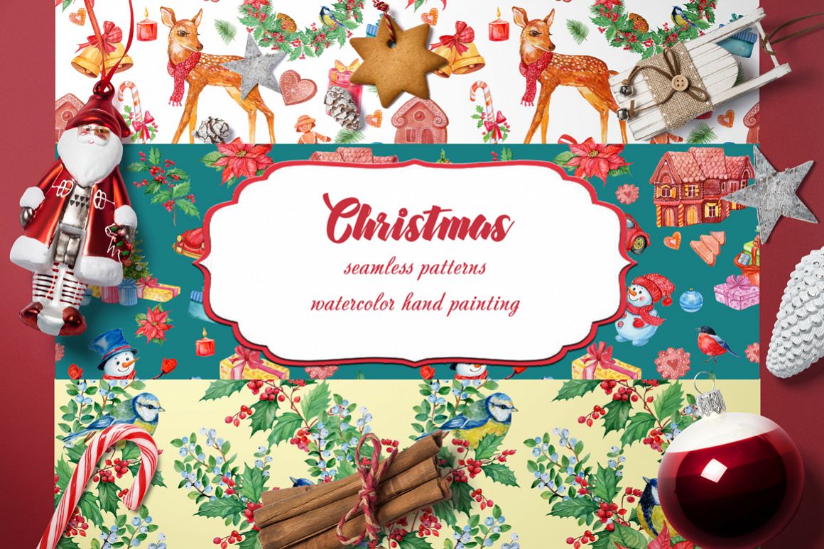 SET OF CHRISTMAS PATTERNS WATERCOLOR example image 1