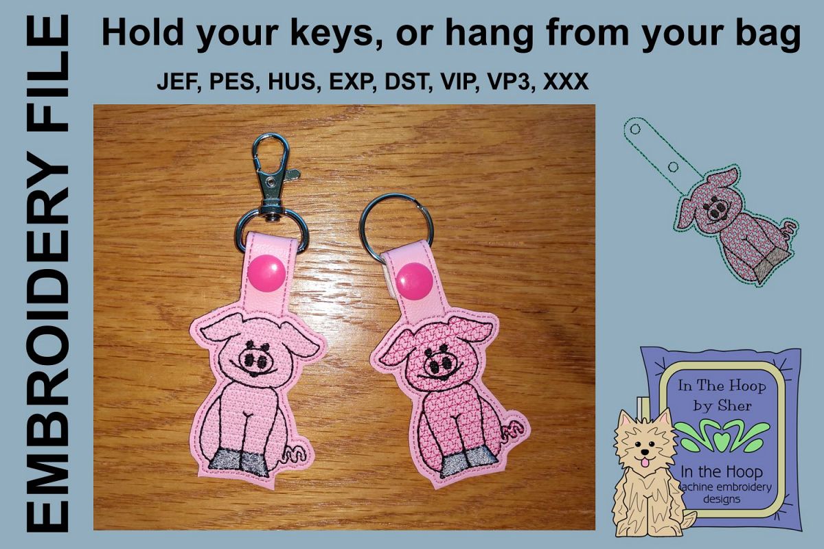 ITH Pig Key Fob - Embroidery Design example image 1