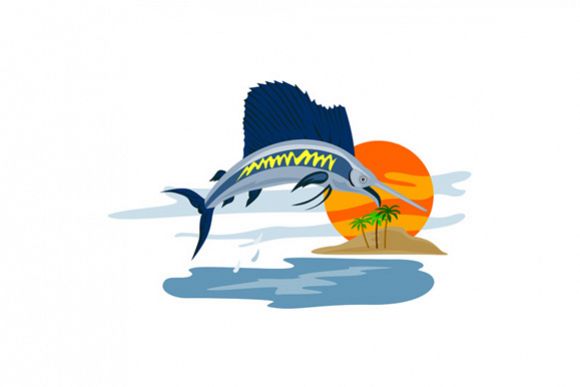 Sailfish Fish Jumping Island Background Retro example image 1