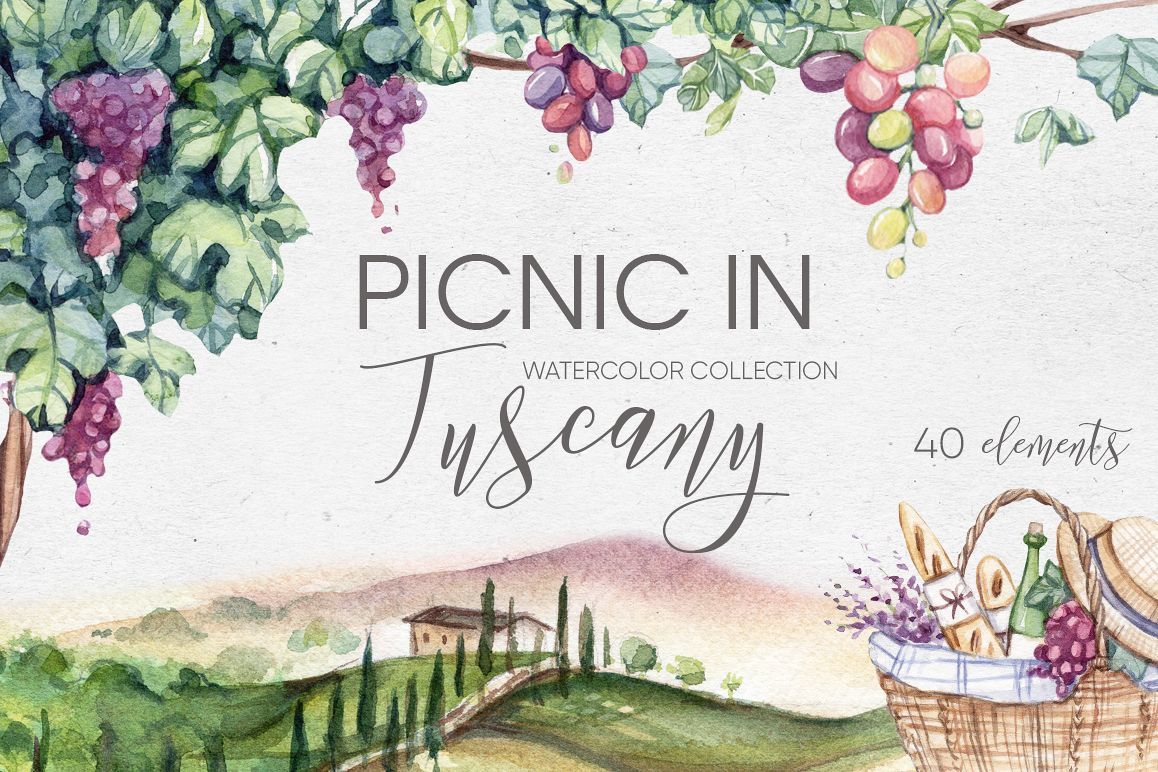 Watercolor collection PICNIC IN TUSCANY example image 1