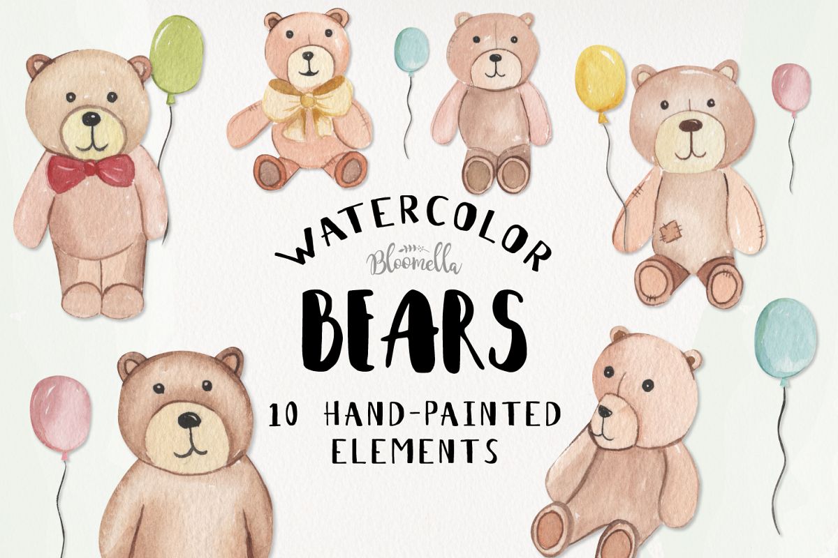 Teddy Bear Watercolor 10 Elements With Balloons Fun Bears example image 1