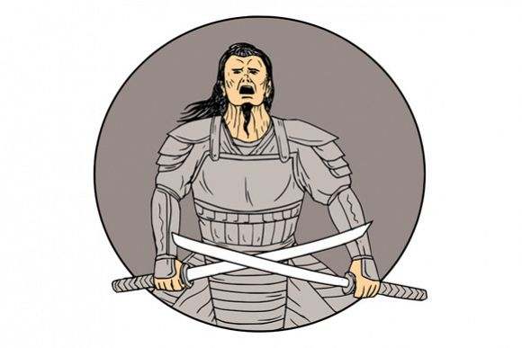 Angry Samurai Warrior Crossing Swords Oval Drawing example image 1