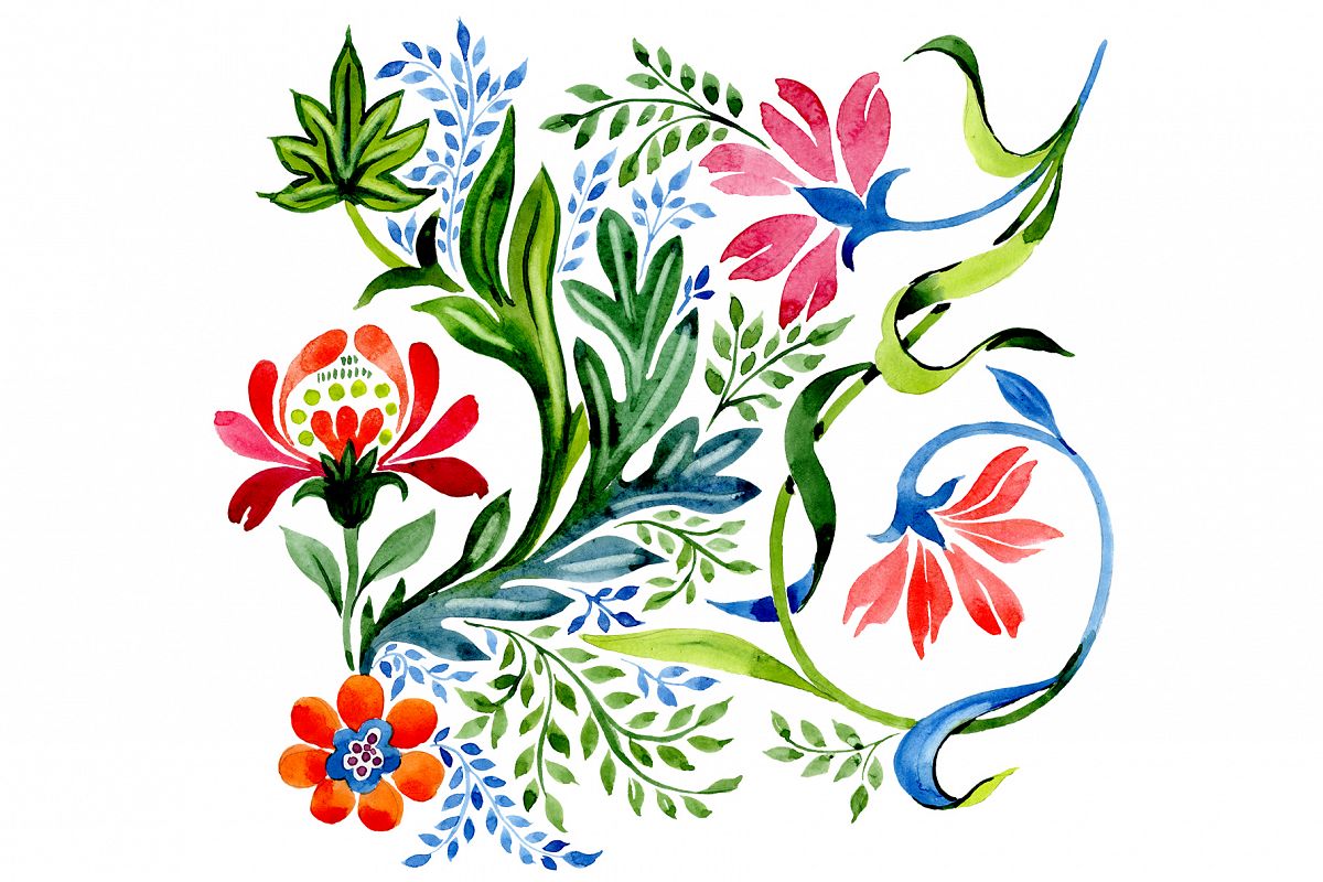 Ornament red flower PNG watercolor set example image 1