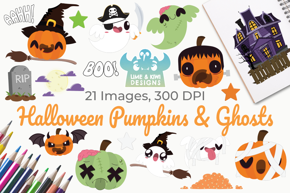 Halloween Pumpkins and Ghosts Clipart, Instant Download example image 1