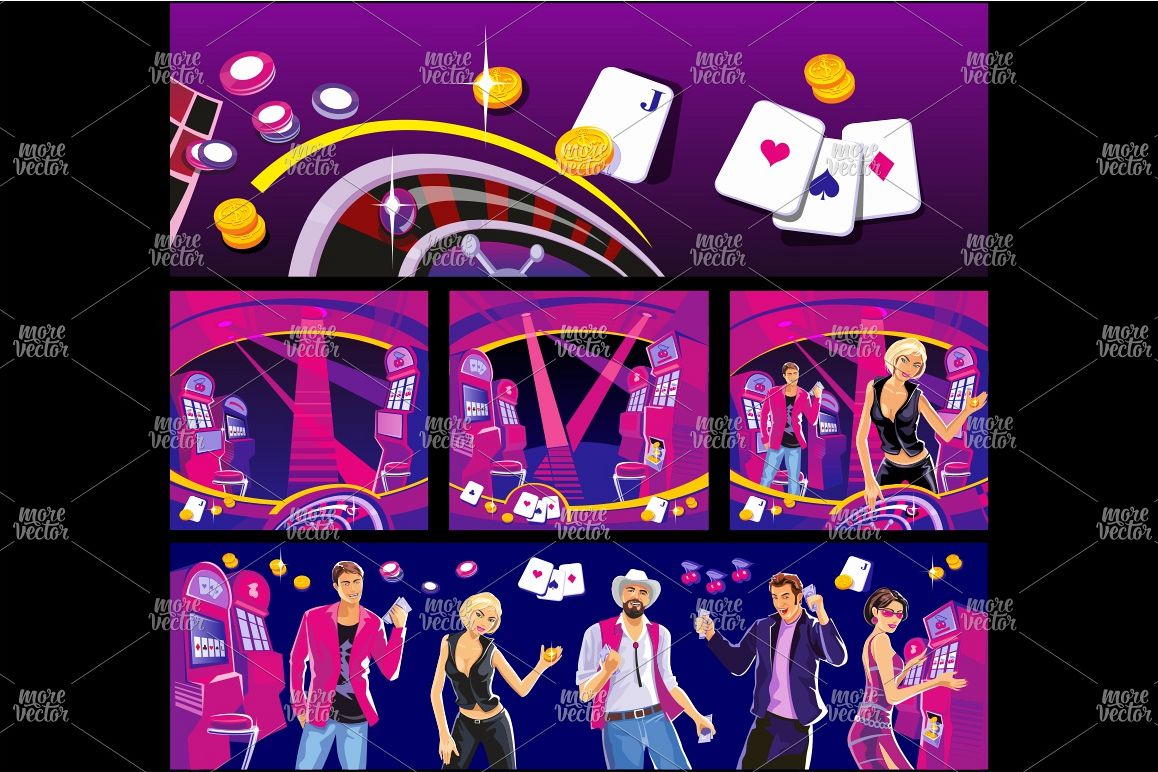 Set interior casino slot machines man woman Vector flat example image 1