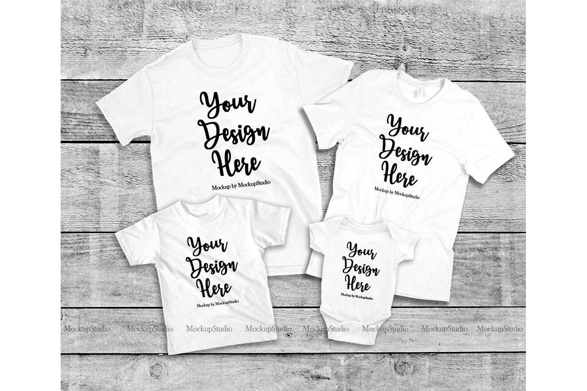 Download Matching Family 4 White T-Shirts Mockup, Parents Kids Set