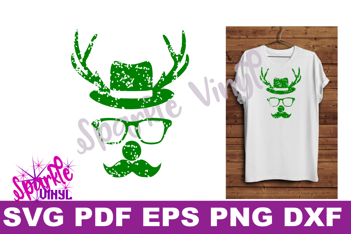 Svg Distressed Grunge Christmas vintage reindeer shirt svg files for cricut or silhouette, Reindeer with glasses red nose mustache hat svg printable example image 1
