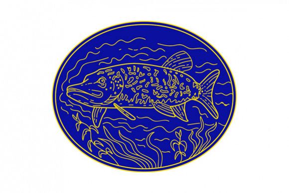 Northern Pike Fish Oval Mono Line example image 1
