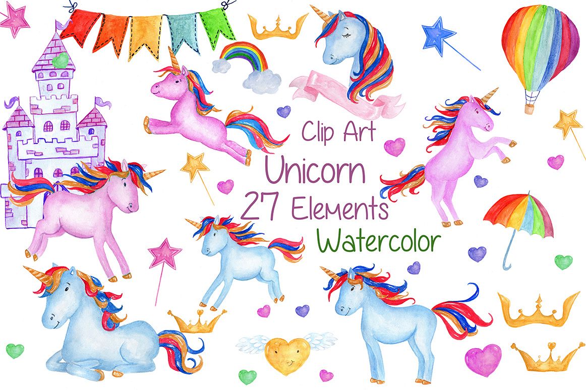 Watercolour Unicorns Clip Art example image 1