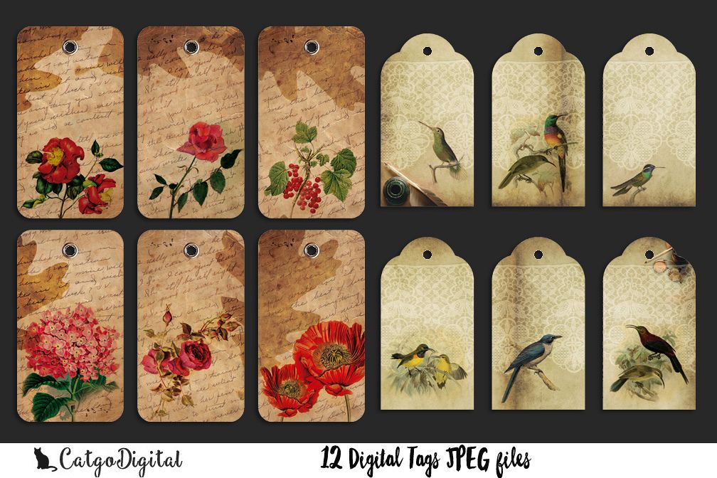 Scrapbooking Digital Tags Flowers and Birds example image 1