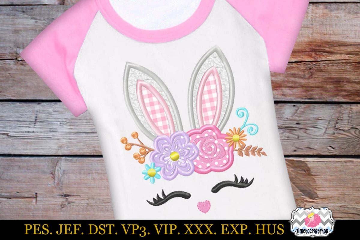 Easter bunny face with Rose and Daisies Applique Design example image 1