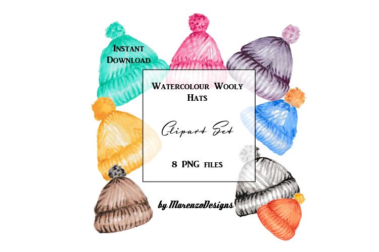 Watercolour woolly hats clip art set example image 1