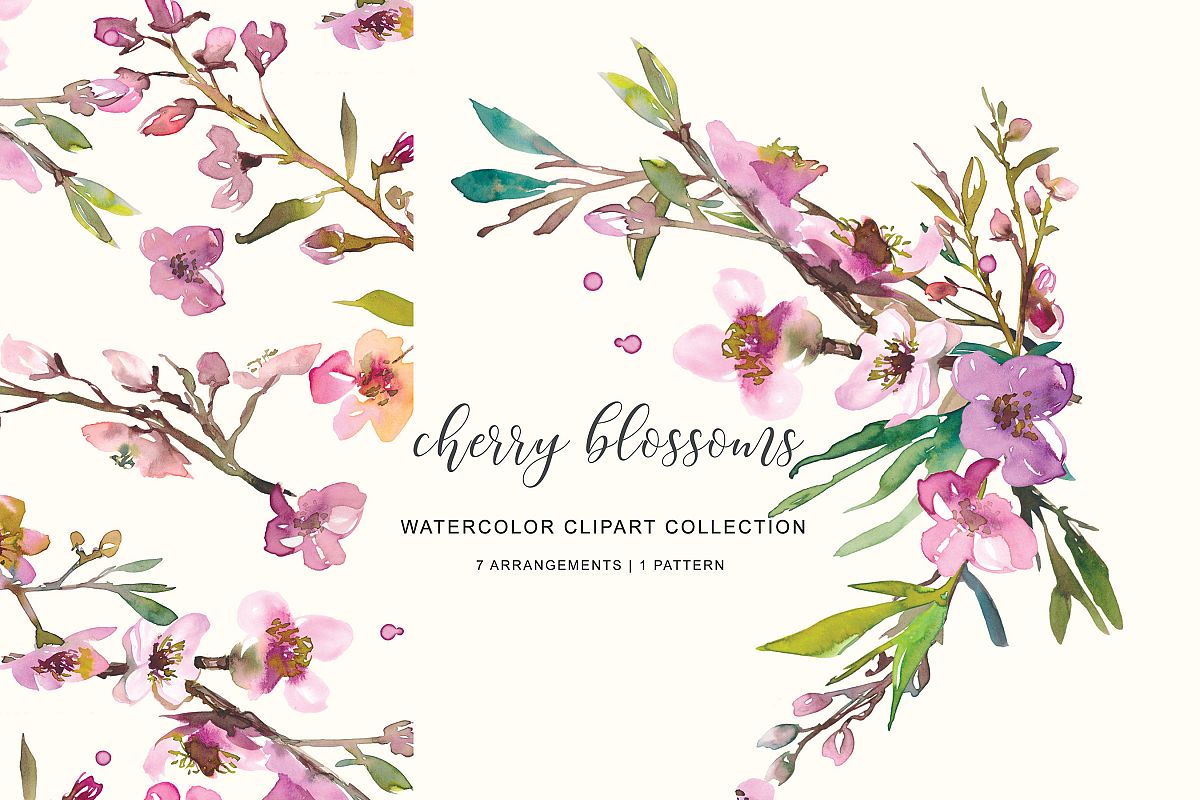 Hand Painted Watercolor Pink Cherry Blossoms example image 1