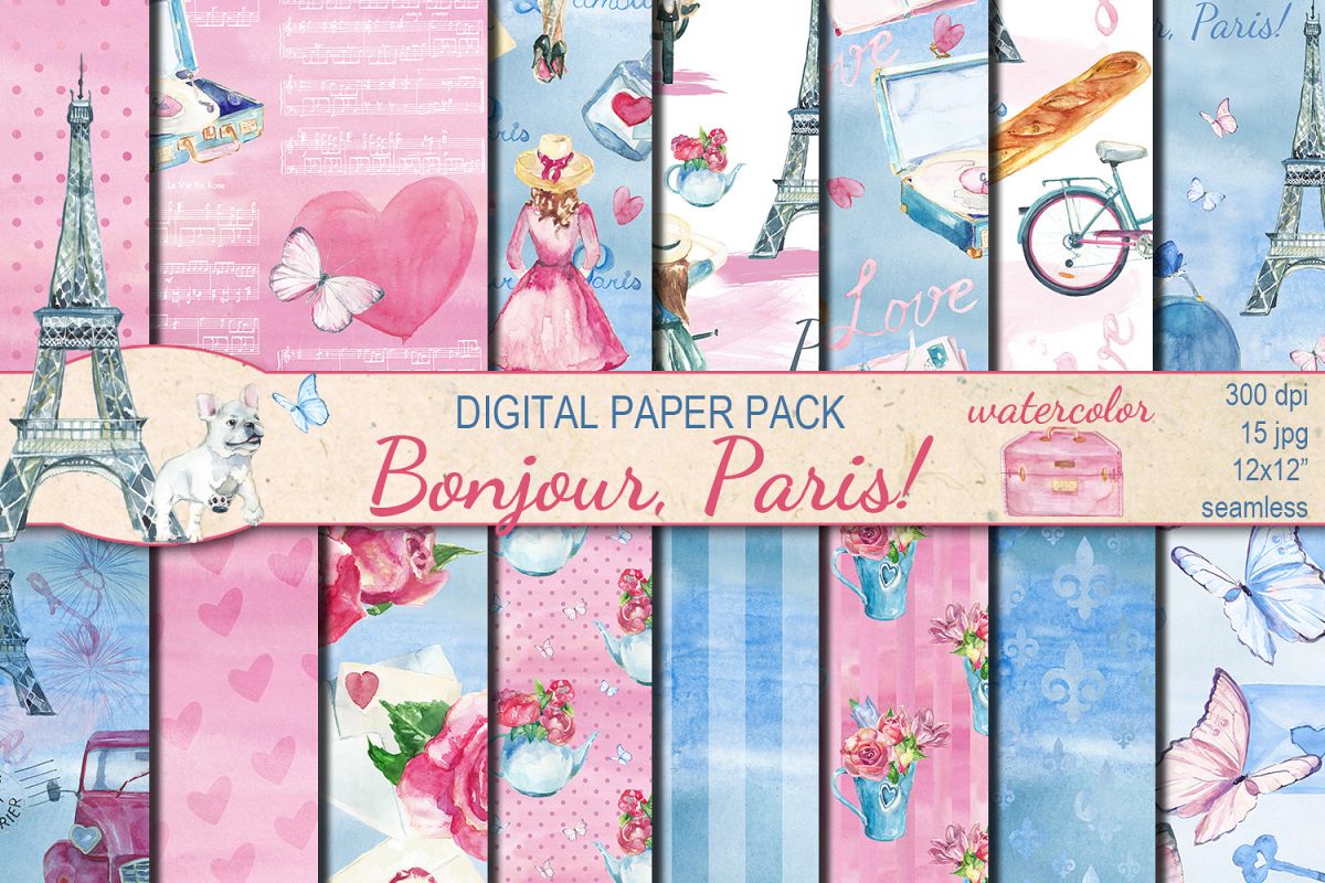 Watercolor Bonjour Paris seamless digital paper pack example image 1