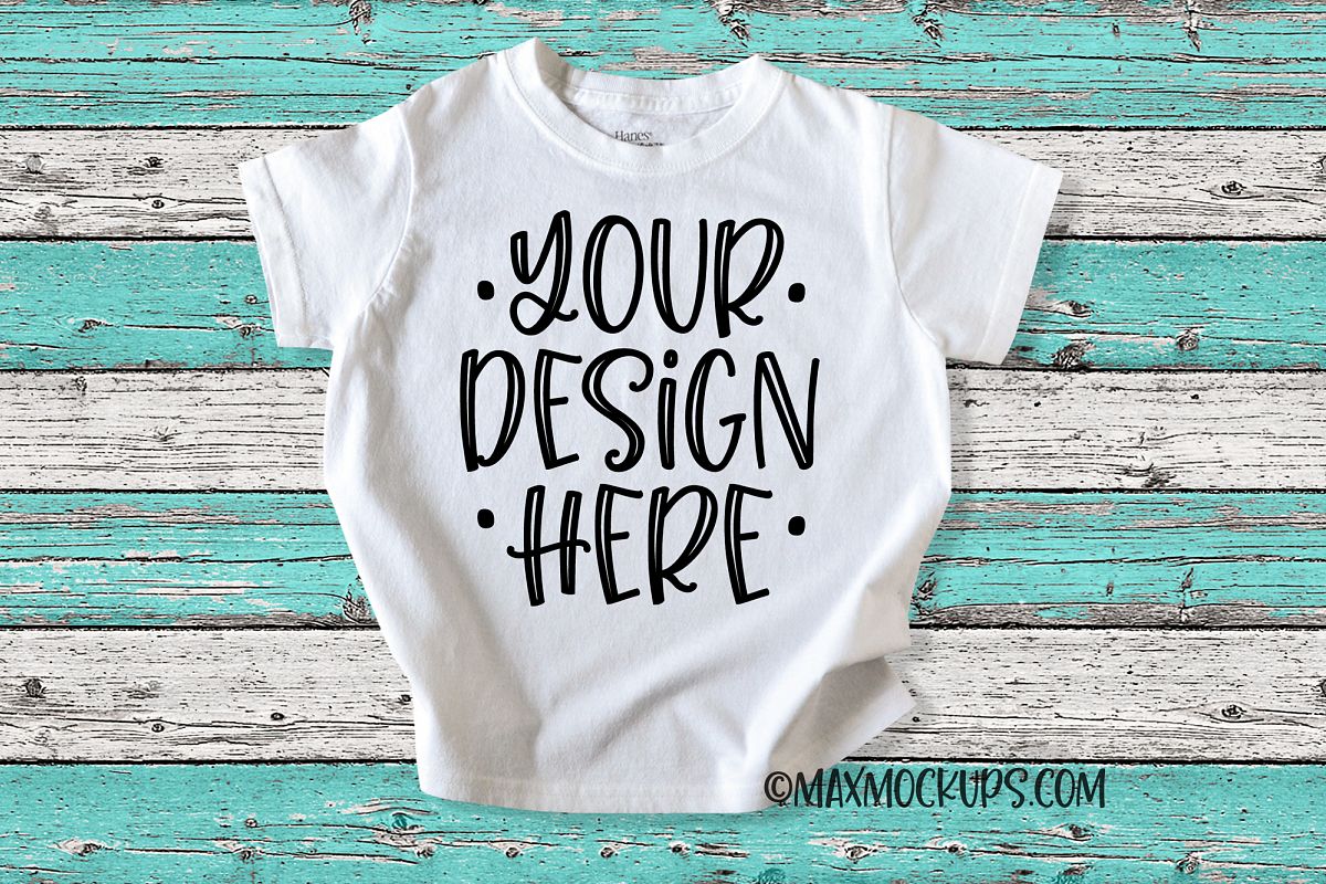 Kids white shirt mockup, colored distressed wood background example image 1