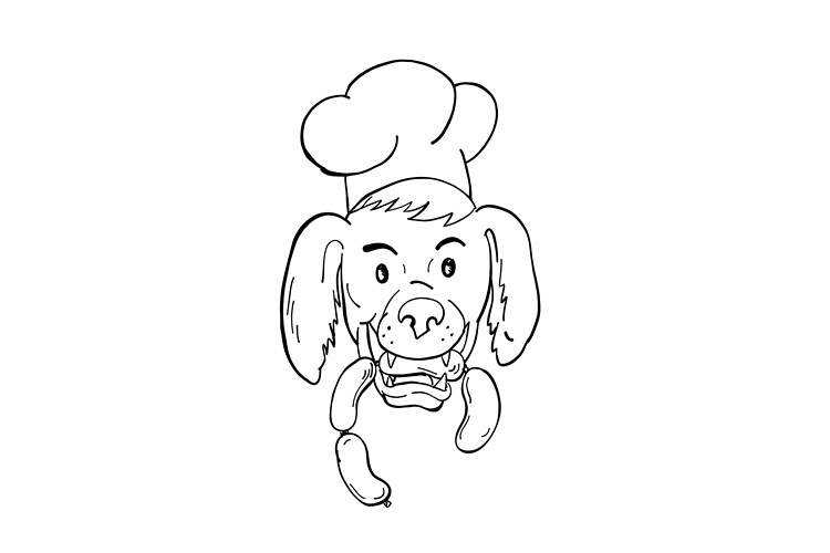 Chef Dog Biting Sausage String Cartoon Black and White example image 1